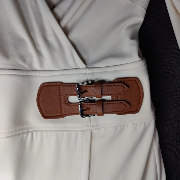 Polo Ralph Lauren Faux Wrap Crepe Midi Dress Cream Buckles Size 12 Black Label - Picture 6 of 12